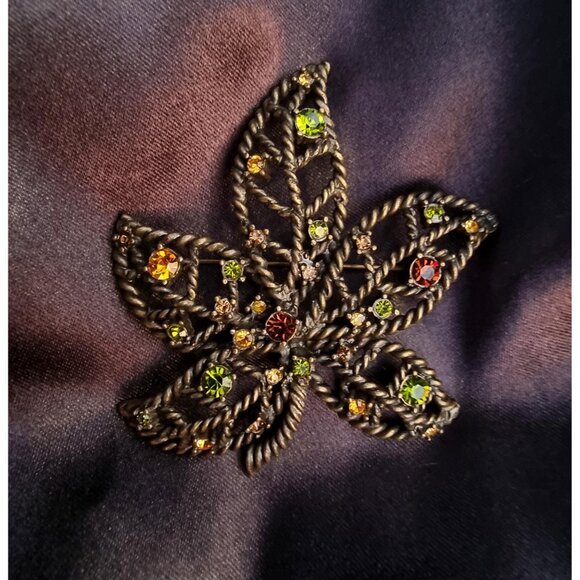 Vintage AVON Signed Rhinestone Fall Autumn Dark Amber and Green Rhinestones Bron - Picture 3 of 5